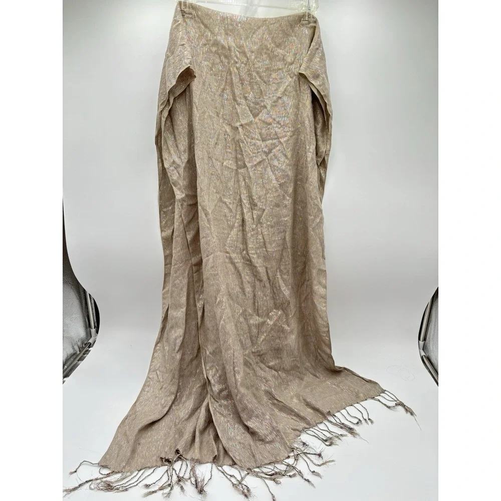 Metallic Fringe Scarf‎ Shawl Wrap Beige Gold Shimmer 21x83 Boho Festival